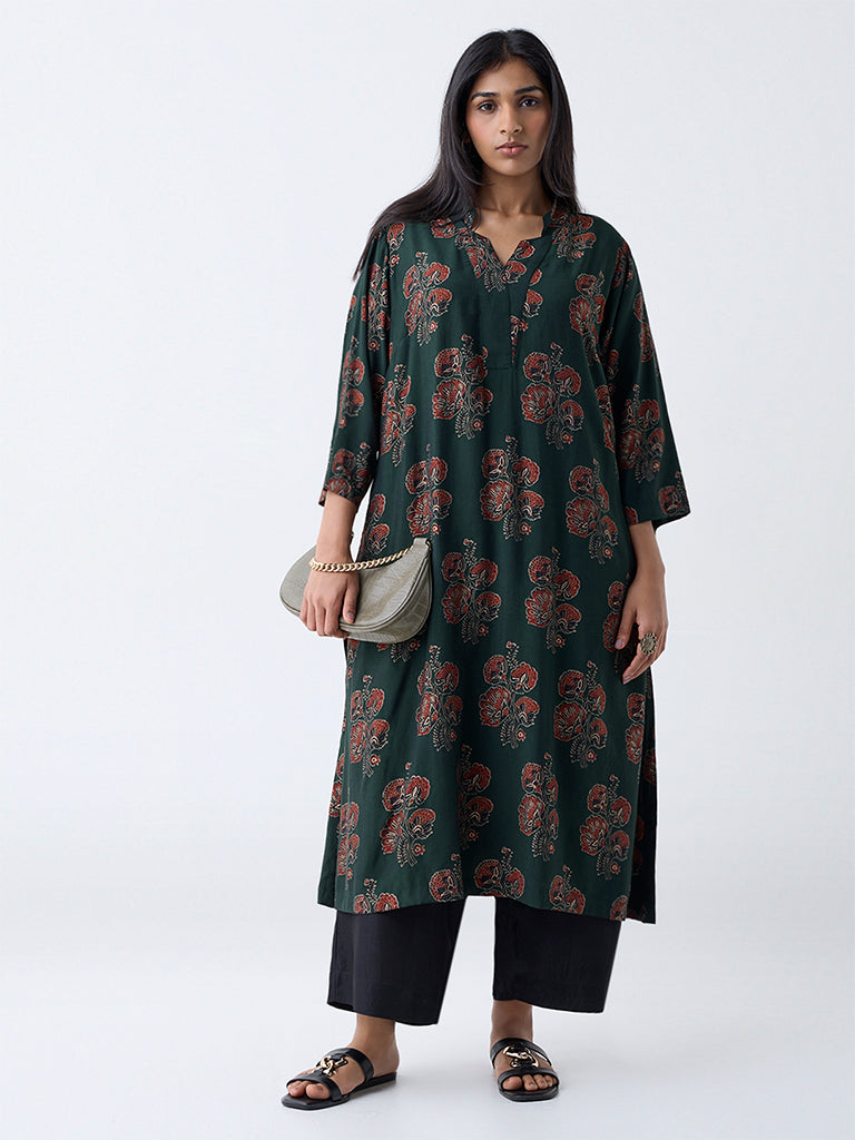 Diza Green Floral Design A-Line Kurta
