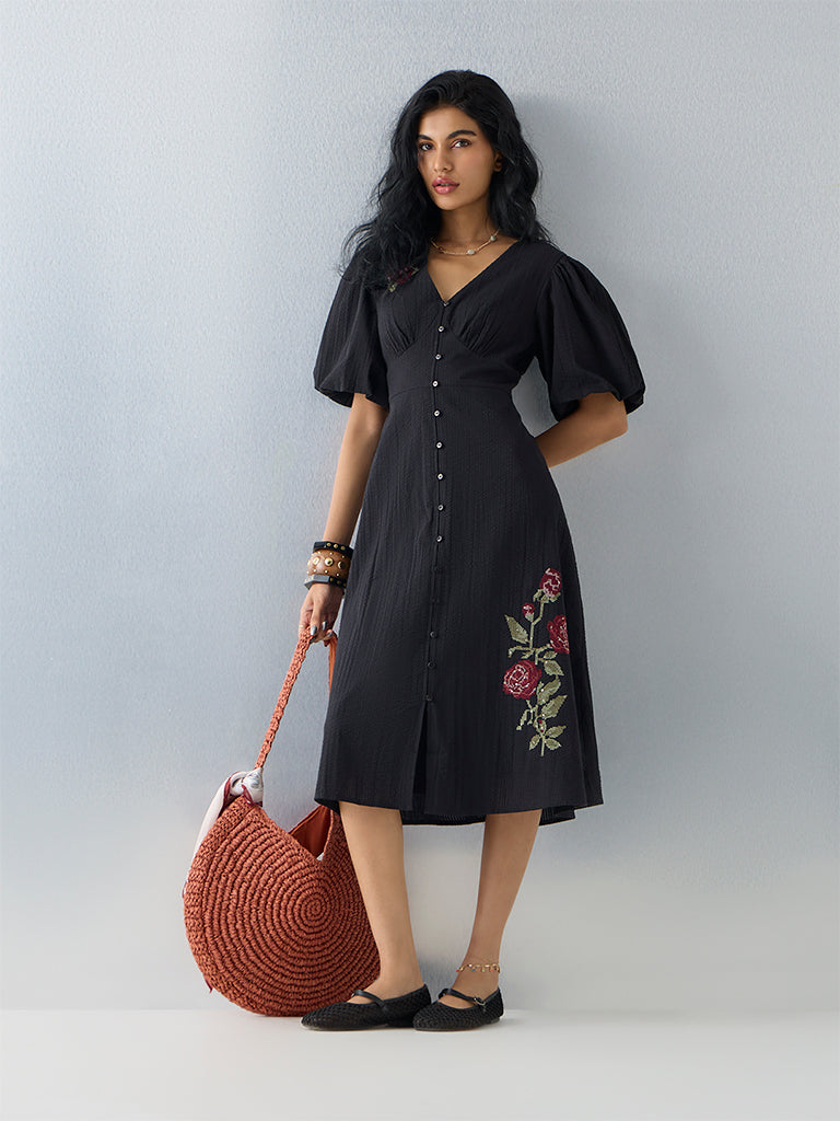 Bombay Paisley Black Embroidered Cotton A-Line Dress
