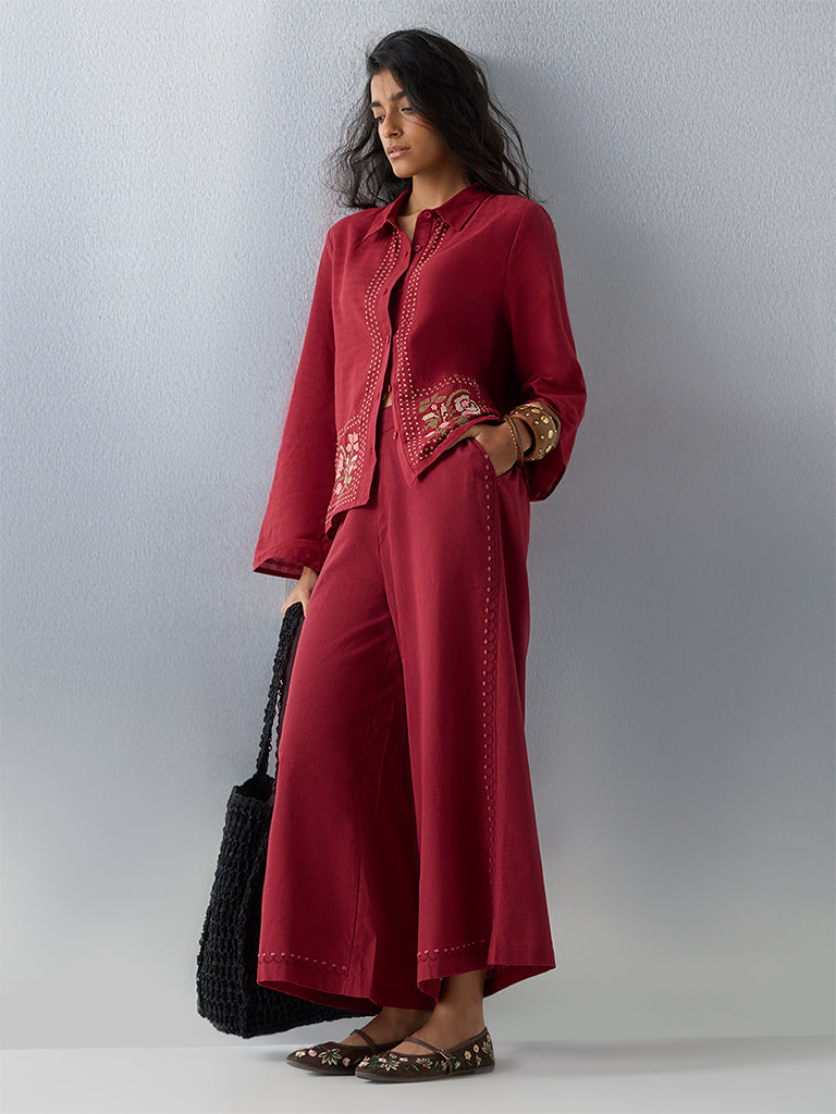 Bombay Paisley Red Embroidered Cotton Shirt