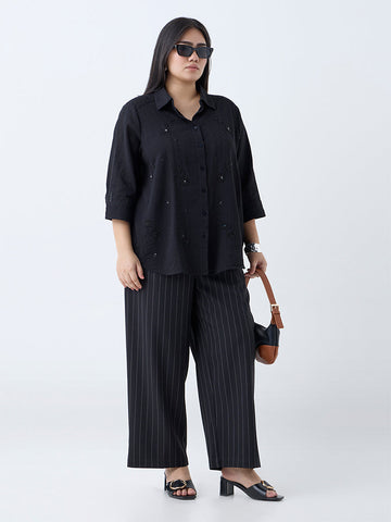 Gia Black Pinstriped High-Rise Trousers with Belt