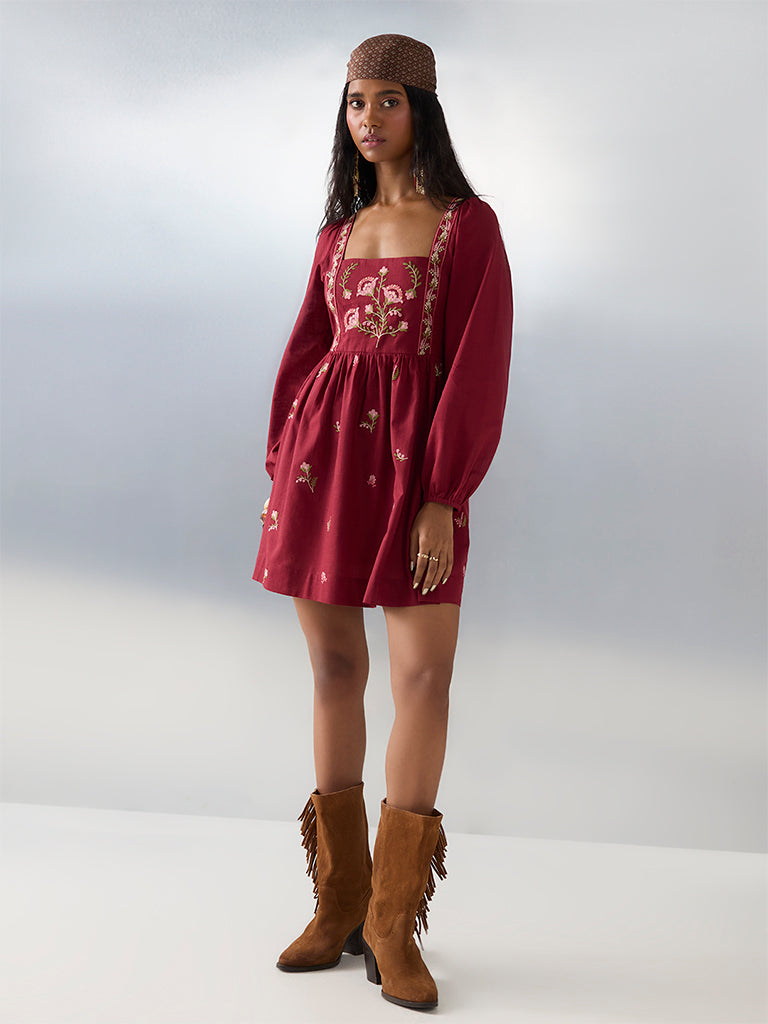 Bombay Paisley Red Floral Embroidered Cotton A-Line Dress