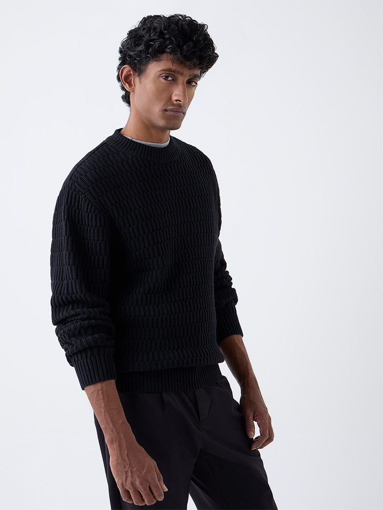 Ascot Black Knit-Textured Relaxed-Fit Cotton Sweater