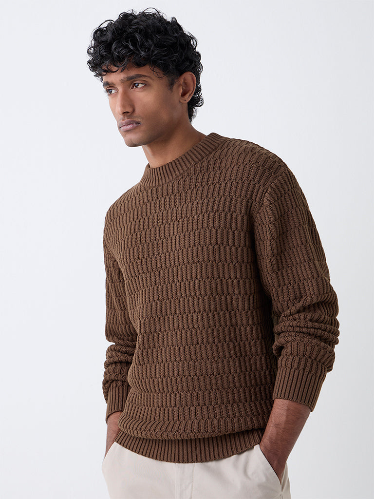 Ascot Brown Knit-Textured Relaxed-Fit Cotton Sweater