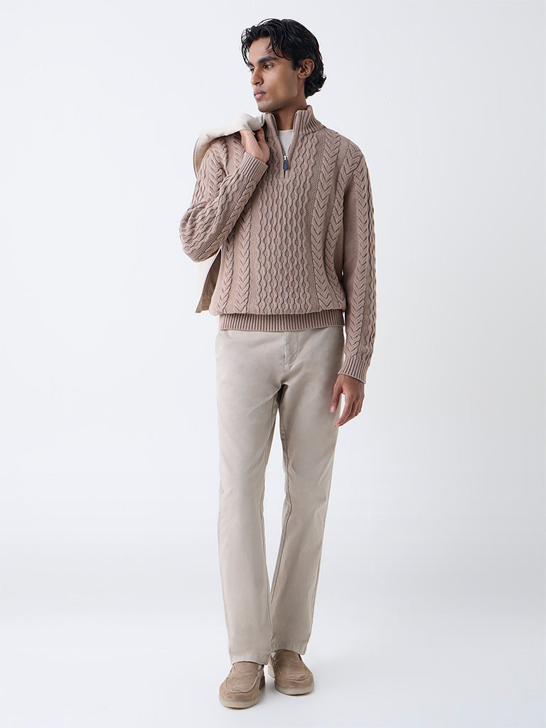 Ascot Beige Relaxed Fit Cotton Three-Quarter Zip Sweater