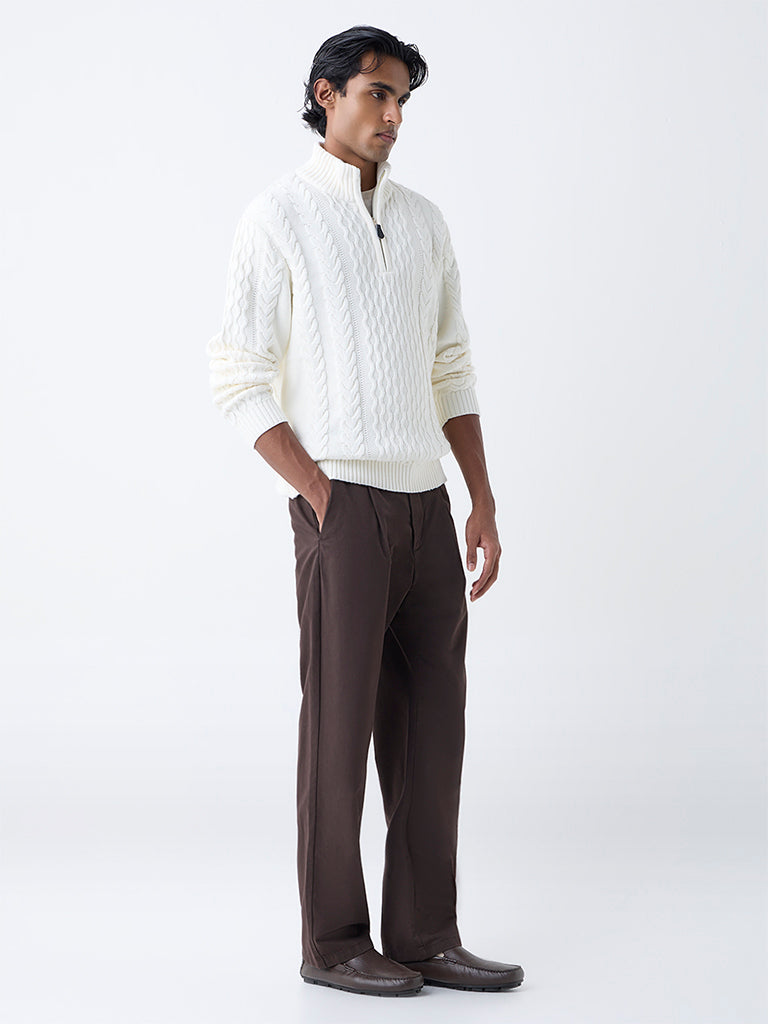 Ascot Off-White Relaxed Fit Three-Quarter Zip Sweater