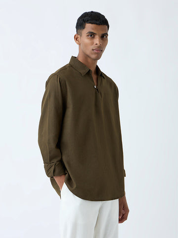 ETA Olive Solid Relaxed-Fit Cotton-Blend Shirt