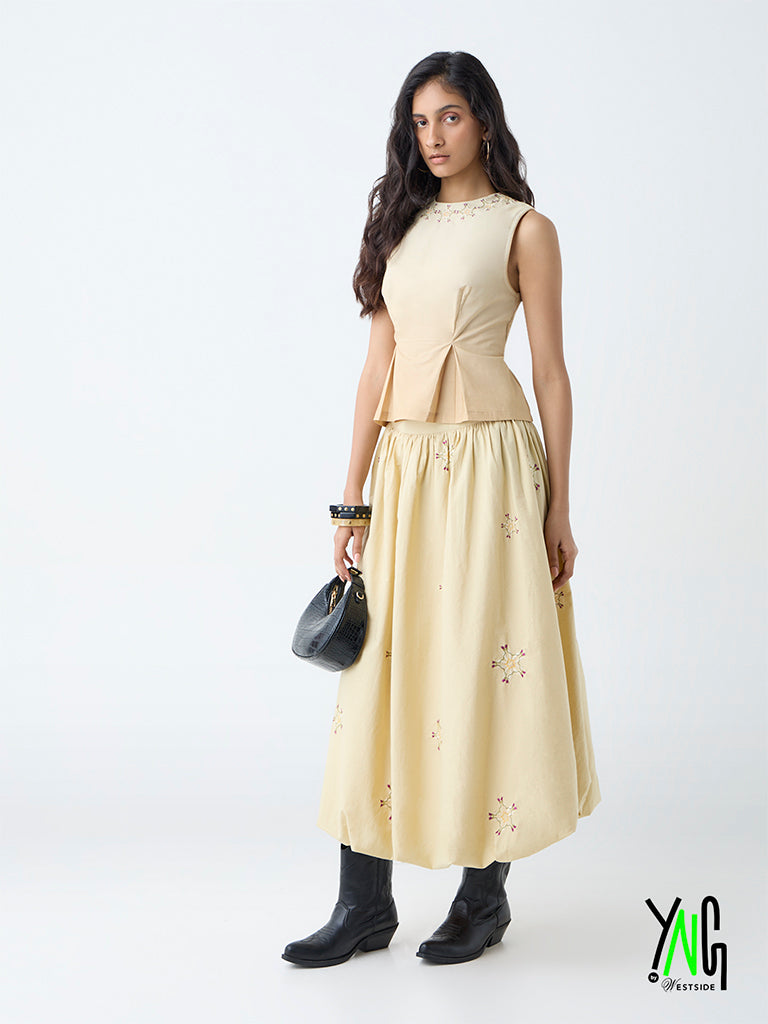 Bombay Paisley Beige Embroidered Cotton Bubble Skirt