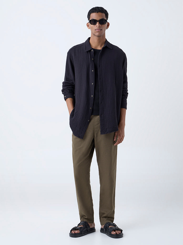 ETA Dark Taupe Solid Relaxed-Fit Mid-Rise Cotton Pants