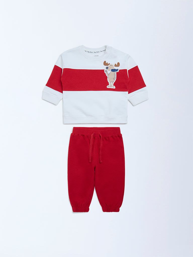 HOP Baby Red Colour-Blocked Cotton Sweatshirt and Joggers Set