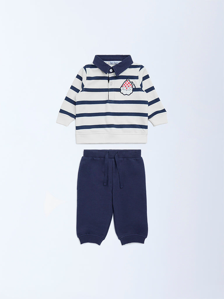 HOP Baby Navy Striped Cotton Sweatshirt with Joggers Set