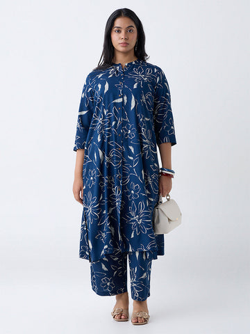 Diza Indigo Floral Design A-Line Kurta