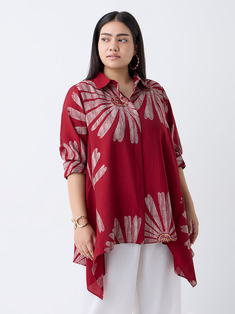 Diza Red Floral Printed Asymmetric Tunic