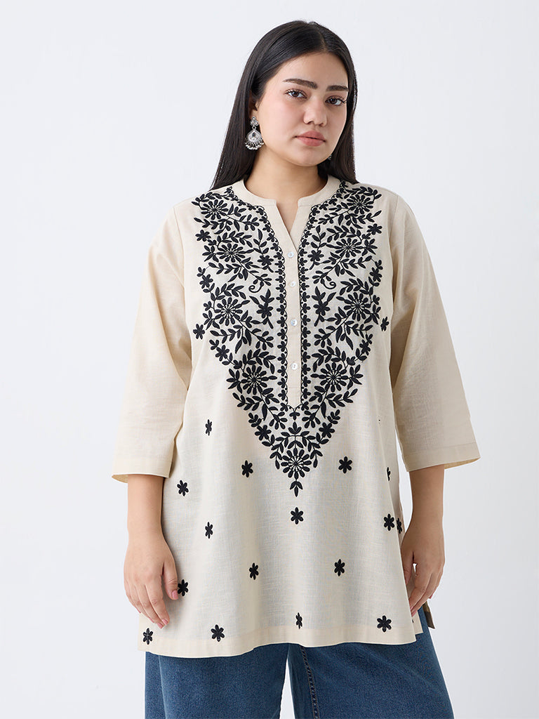 Diza Cream Floral Embroidered Cotton Kurti