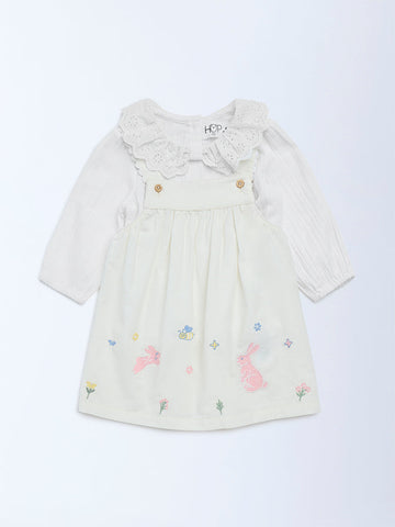 HOP Baby White Embroidered Cotton Pinafore and Top Set