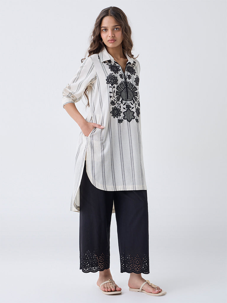 Utsa Off-White Embroidered Cotton-Blend High-Low Kurta