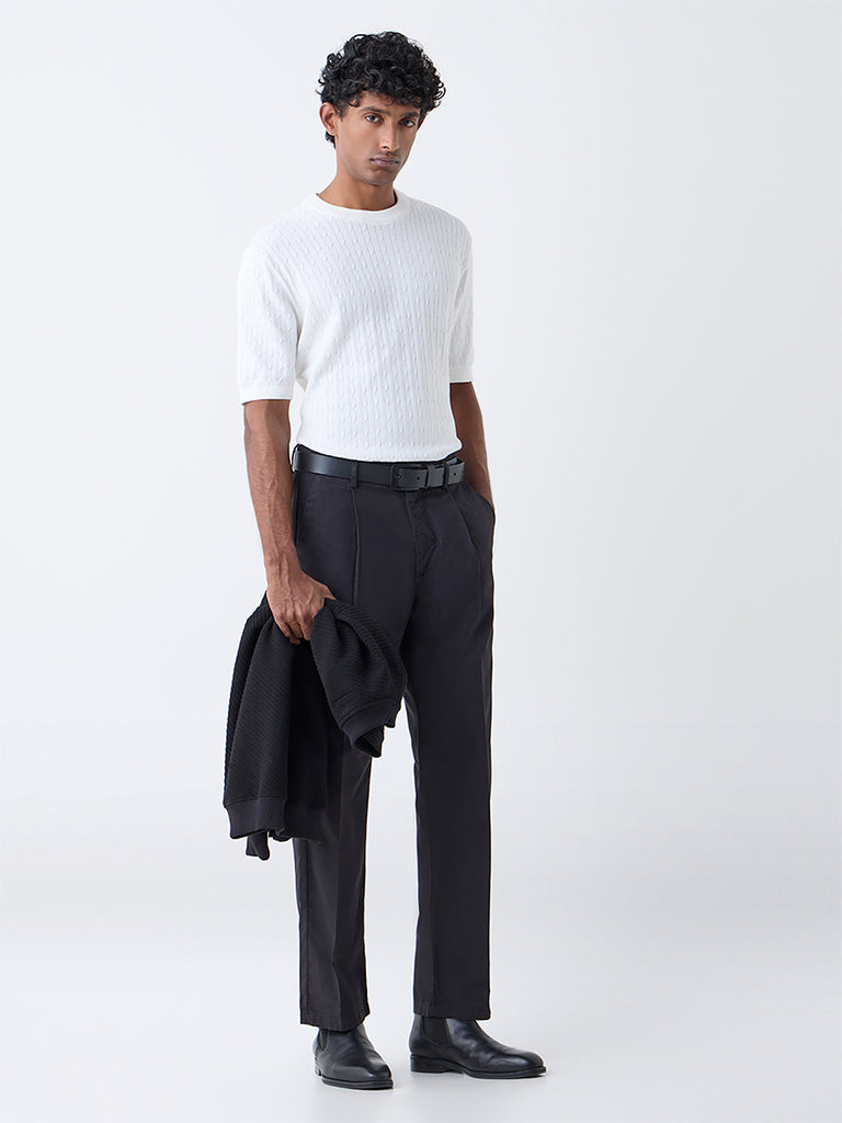 Ascot White Cable Knit Relaxed-Fit Cotton T-Shirt