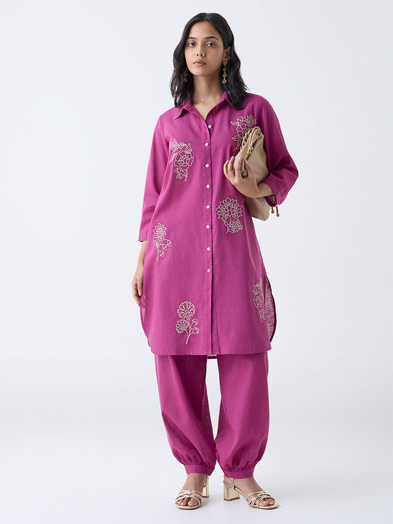 Utsa Magenta Floral Embroidered Cotton Straight Kurta