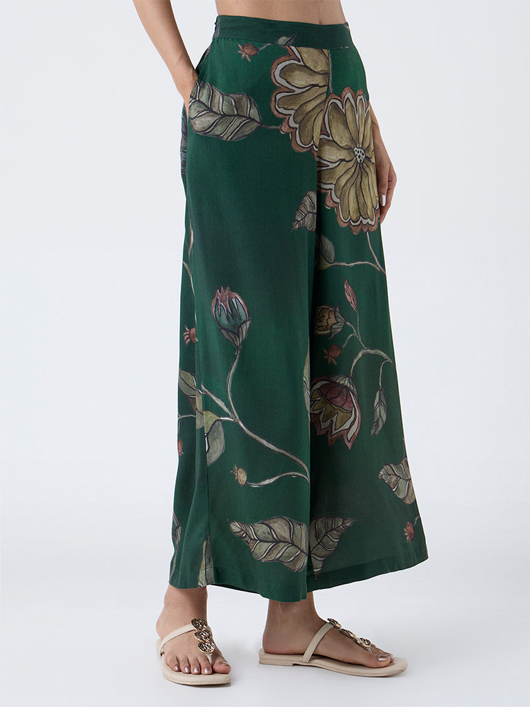 Utsa Dark Green Botanical Pattern Palazzos
