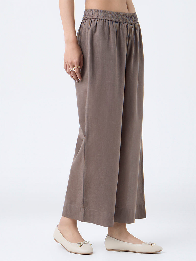 Utsa Taupe Solid Cotton Ethnic Pants