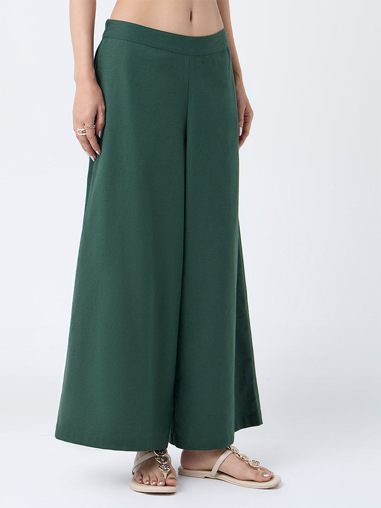 Utsa Jade Green Solid Cotton-Blend Palazzos