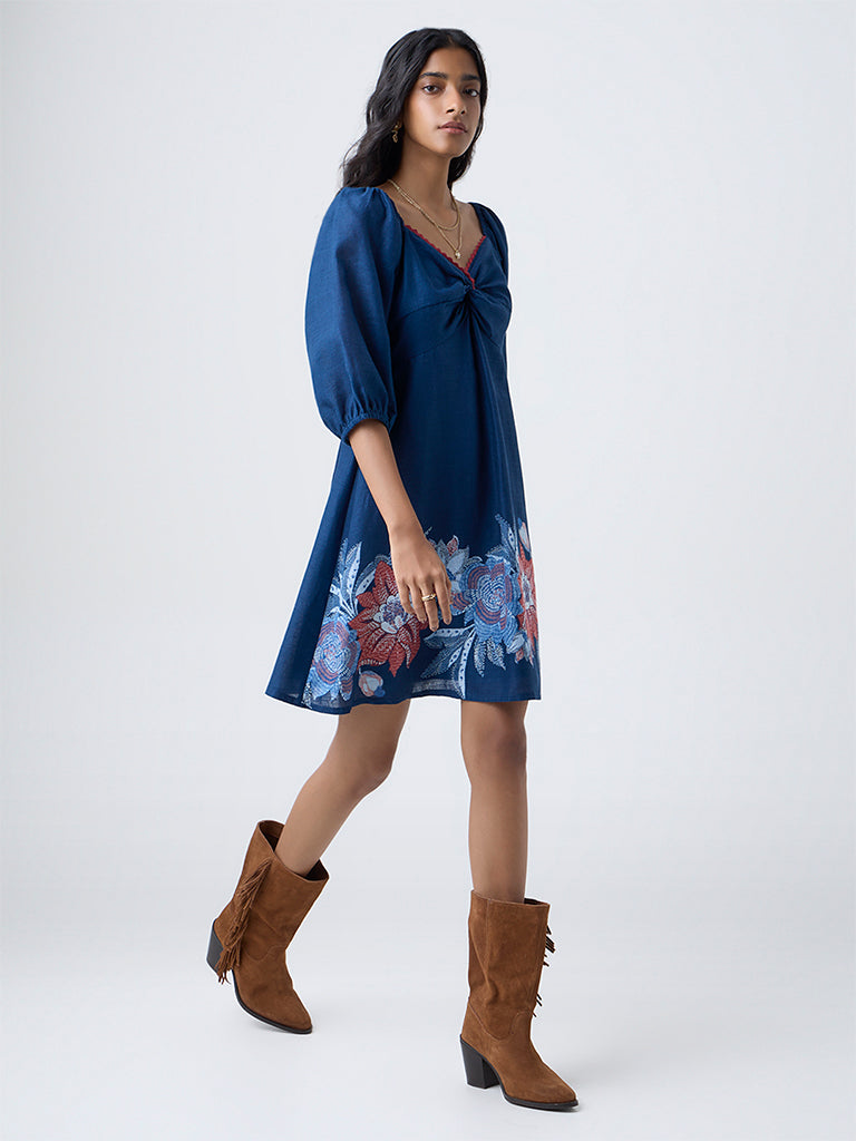 Bombay Paisley Blue Floral Cotton A-Line Dress