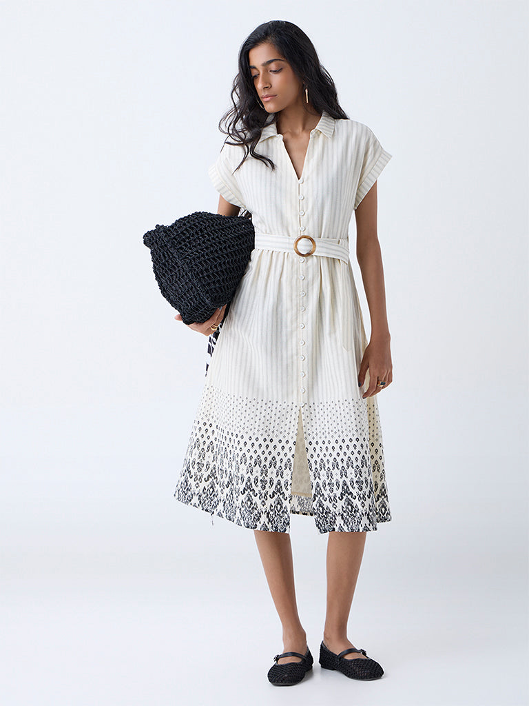 Bombay Paisley Off-White Cotton Shirt Dress with Belt