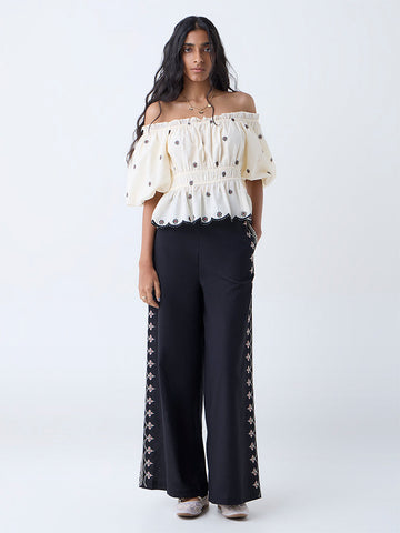 Bombay Paisley Cream Embroidered Off-Shoulder Cotton Top