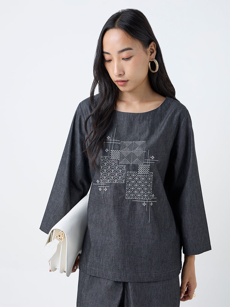 Utsa Black Embroidered Denim Tunic