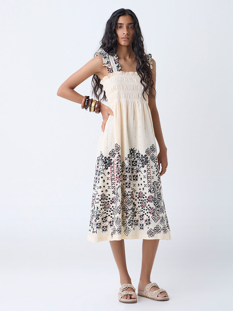 Bombay Paisley Cream Embroidered Cotton A-Line Dress