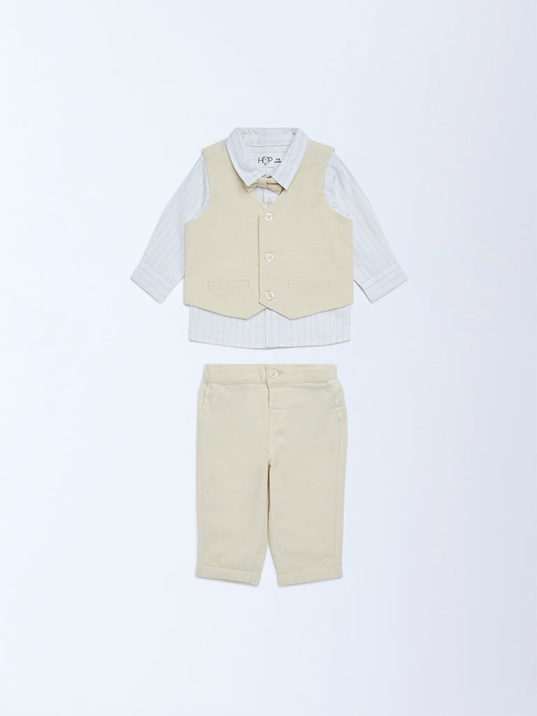 HOP Baby Beige Solid Cotton Shirt, Waistcoat, Pants and Bow Set