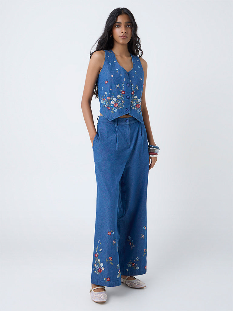 Bombay Paisley Blue Embroidered High-Rise Denim Pants