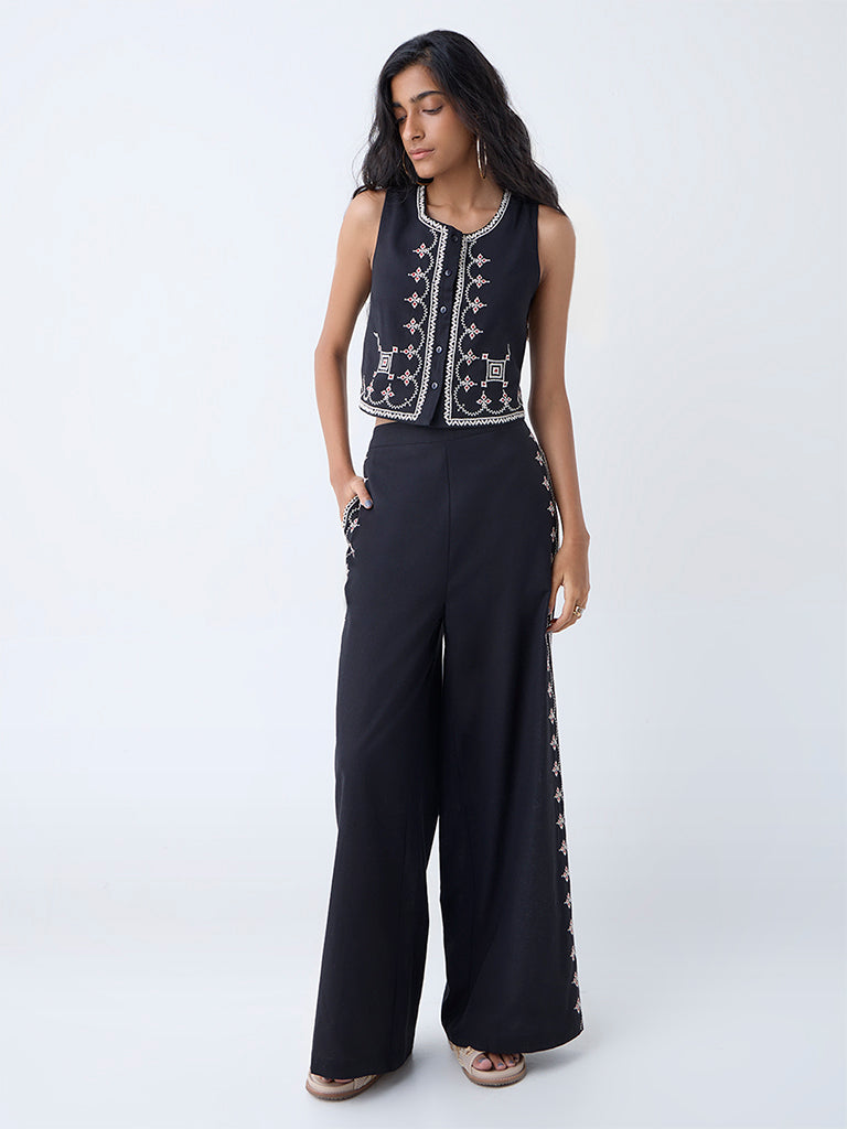 Bombay Paisley Black Embroidered Cotton Pants