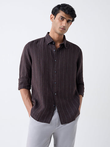 Ascot Dark Brown Striped Relaxed-Fit Linen Shirt
