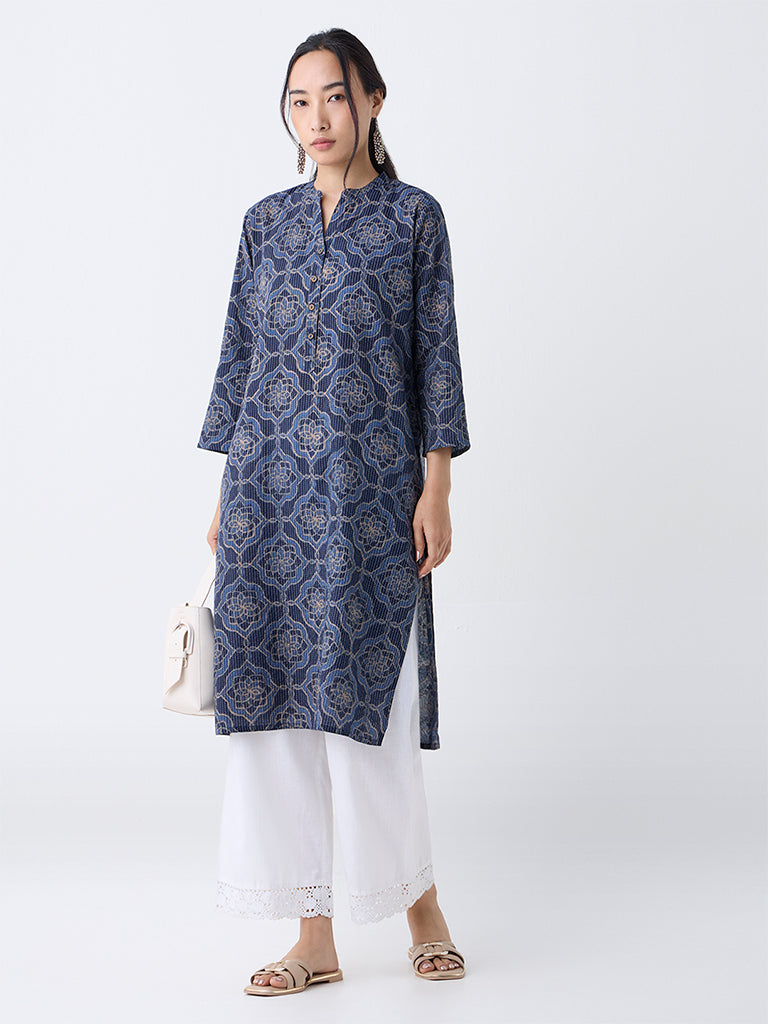 Utsa Indigo Geometric Pattern Cotton-Blend Straight Kurta