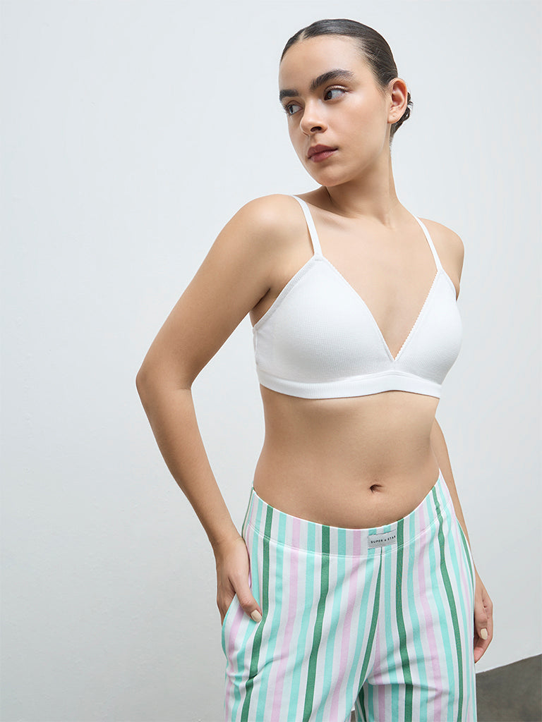 Superstar White Waffle-Textured Cotton-Blend Padded Bra