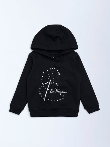 HOP Kids Black Printed Cotton-Blend Hoodie