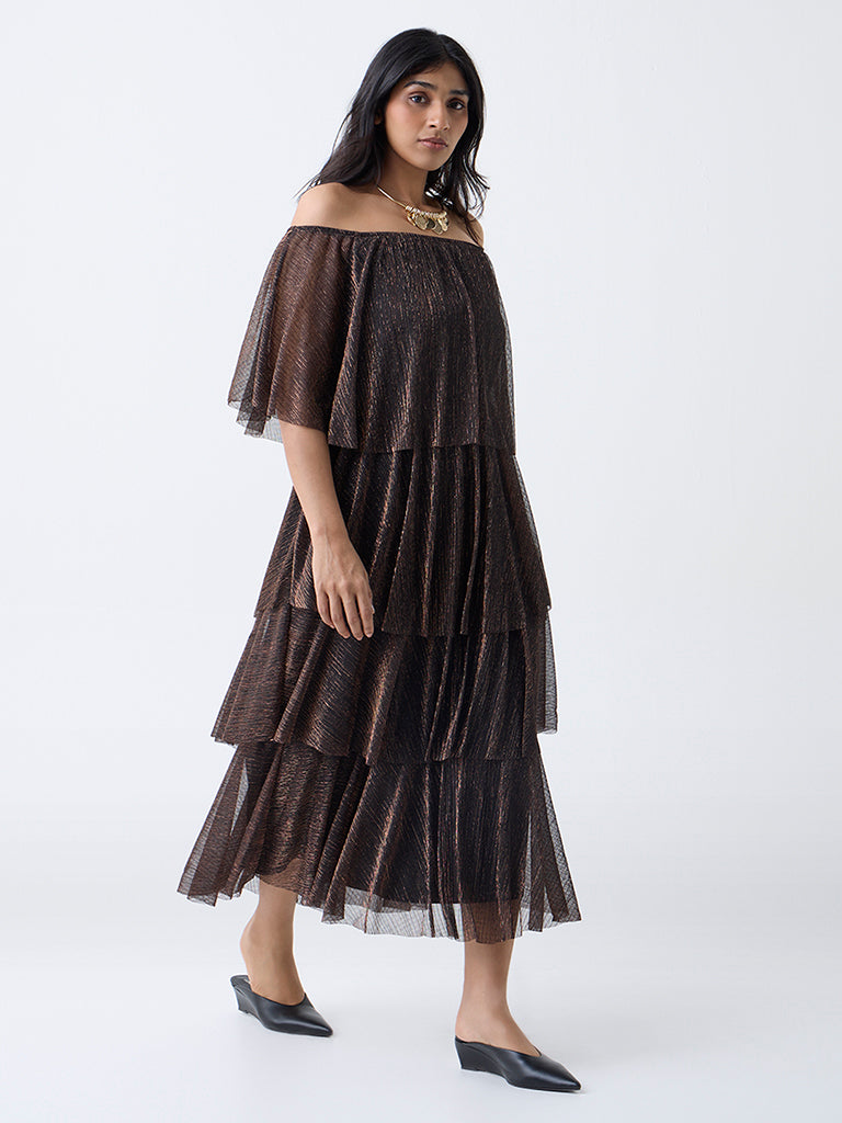 Gia Black Metallic Ruffle A-Line Dress