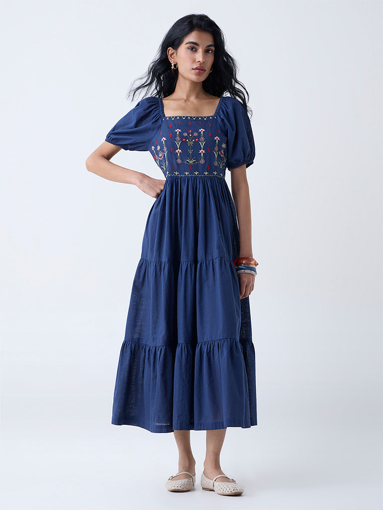 Bombay Paisley Dark Blue Embroidered Cotton Tiered Dress