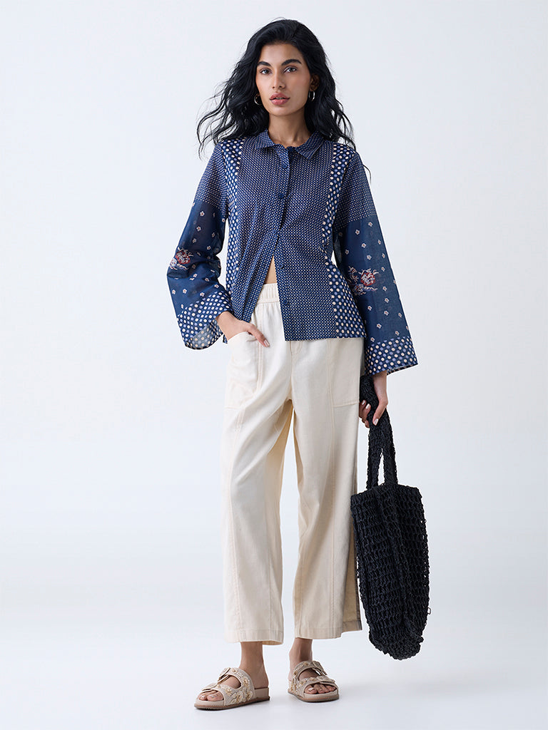 Bombay Paisley Dark Blue Badla Printed Cotton Shirt