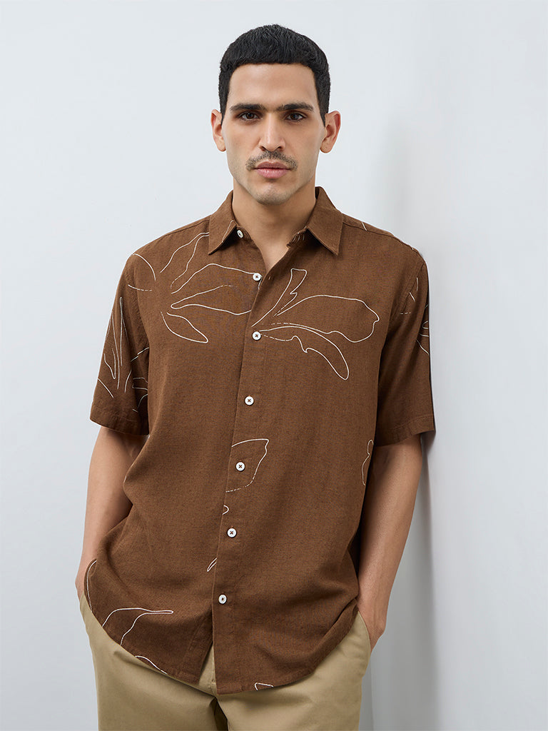 Ascot Taupe Floral Pattern Relaxed-Fit Shirt