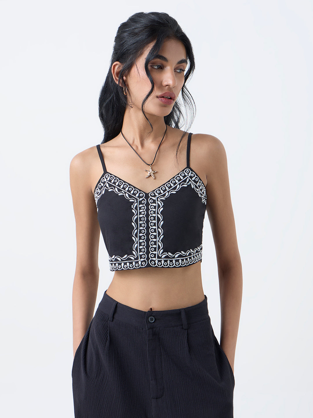 Bombay Paisley Black Embroidered Cotton Crop Top