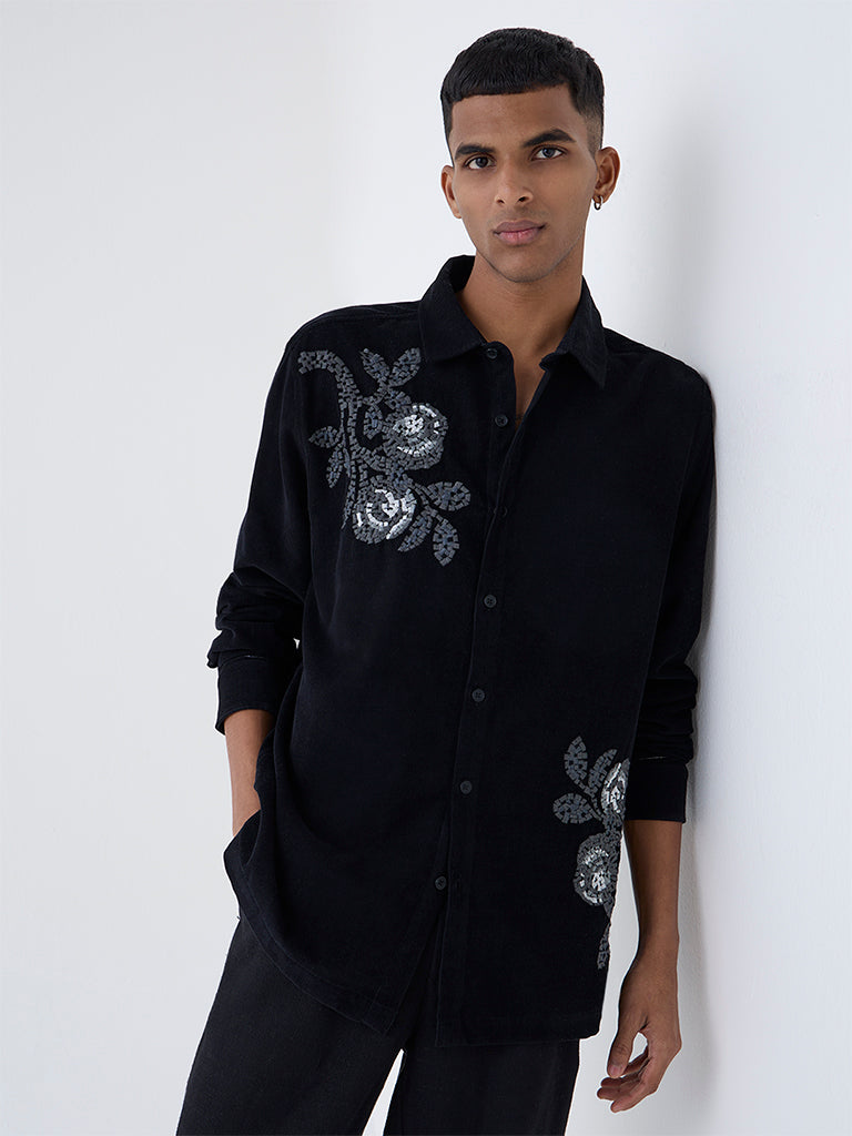 ETA Black Embroidered Relaxed-Fit Cotton Shirt