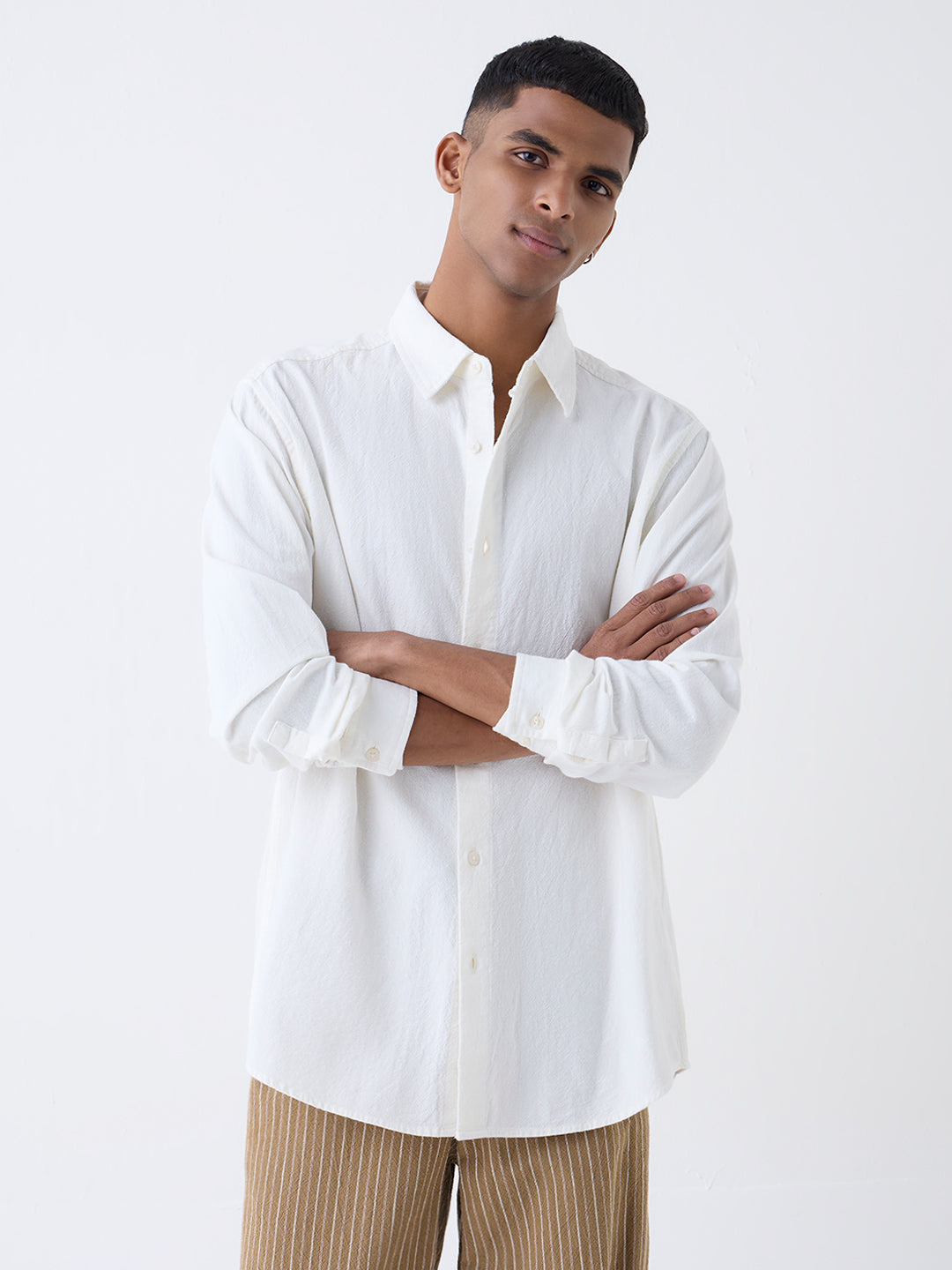 ETA White Solid Relaxed-Fit Cotton Shirt
