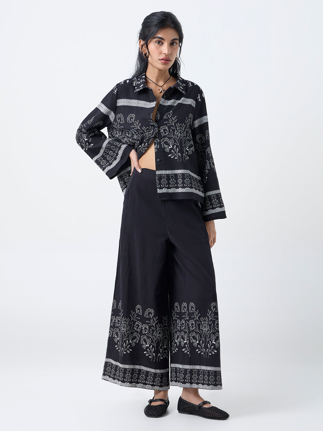 Bombay Paisley Black Floral Design Cotton Palazzos