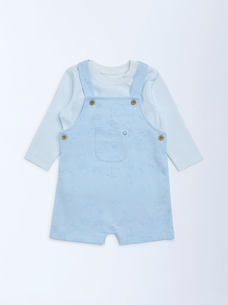HOP Baby Boys Blue Cotton Dungaree with T-Shirt Set