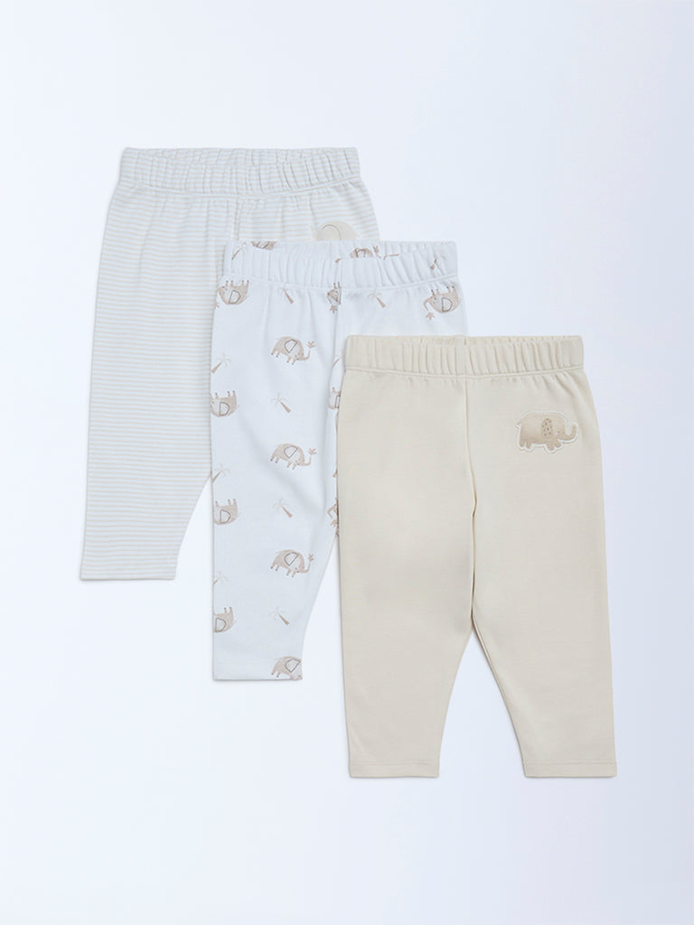 HOP Baby Boys Beige Printed Mid-Rise Cotton Pants - Pack of 3