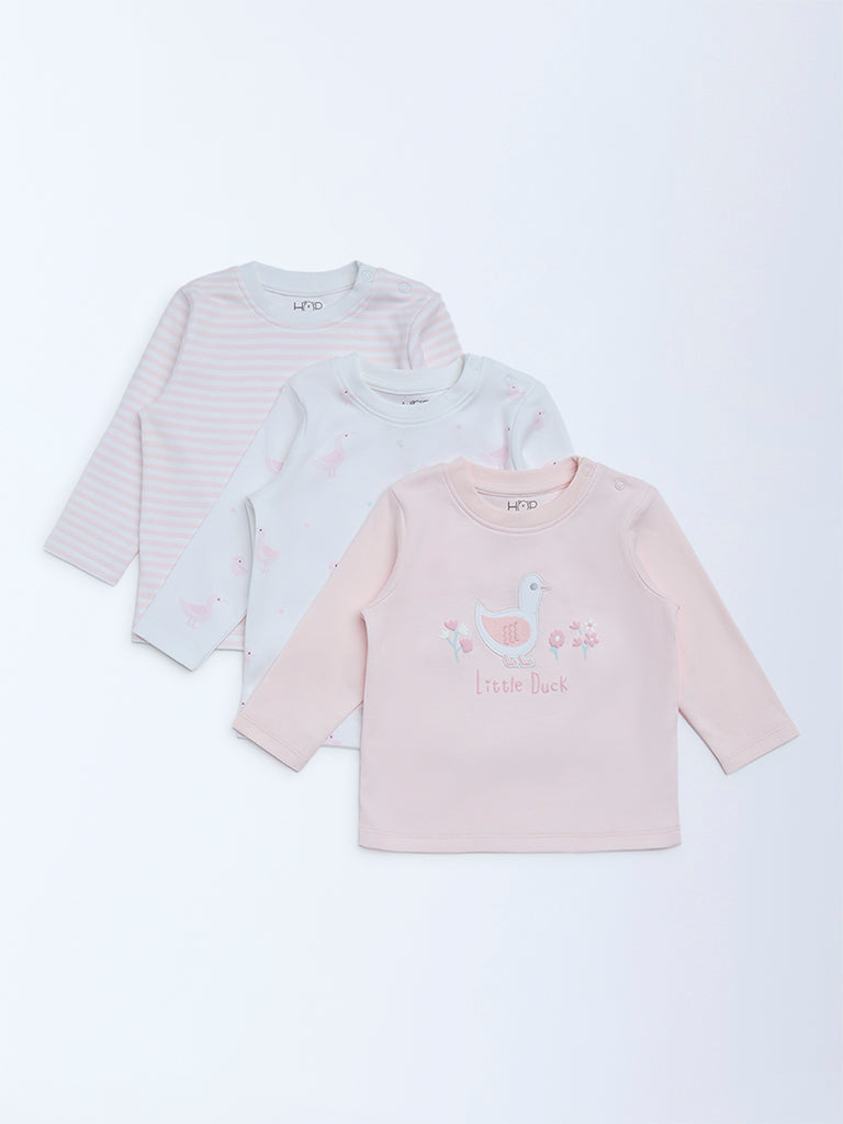 HOP Baby Girls Pink Printed Cotton T-Shirts - Pack of 3