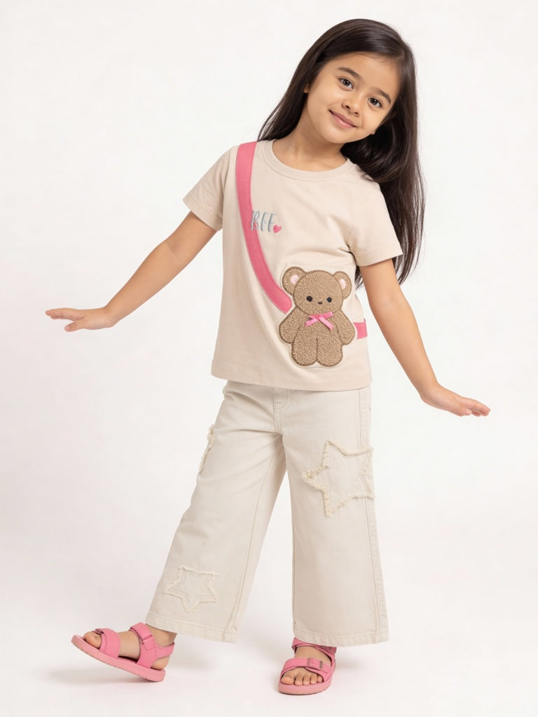 HOP Kids Girls Beige Embroidered Cotton T-Shirt