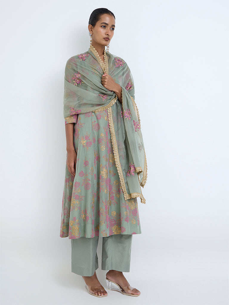 Vark Mint Floral Pattern Anarkali Cotton-Blend Ethnic Set