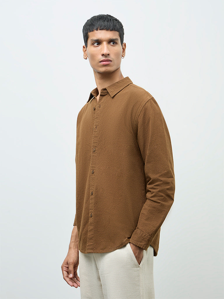 ETA Brown Textured Relaxed-Fit Cotton Shirt